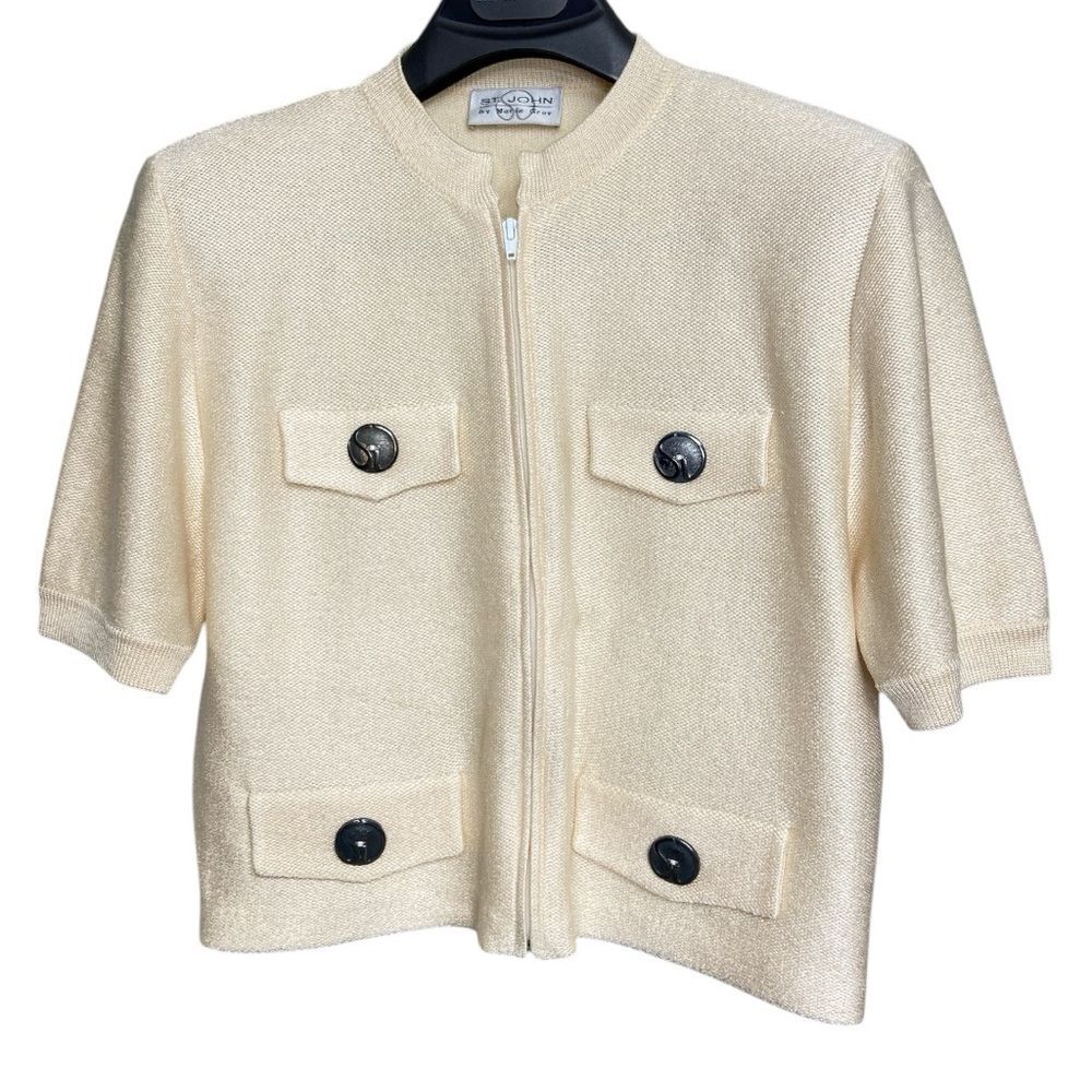 St. John by Marie Gray cropped cream tweed full zip short sleeve blazer size 10